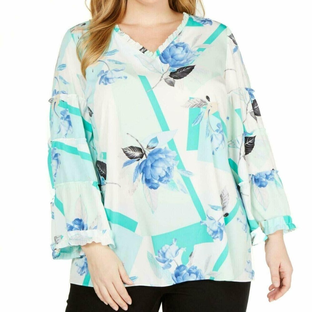 Alfani Women's Plus Size Printed Ruffle-Trim Blous